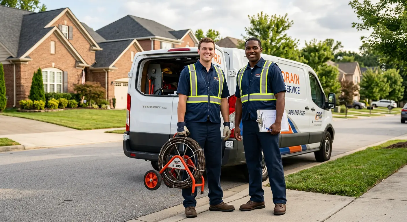 Sewer and drain service team with equipment ready for work in Georges
