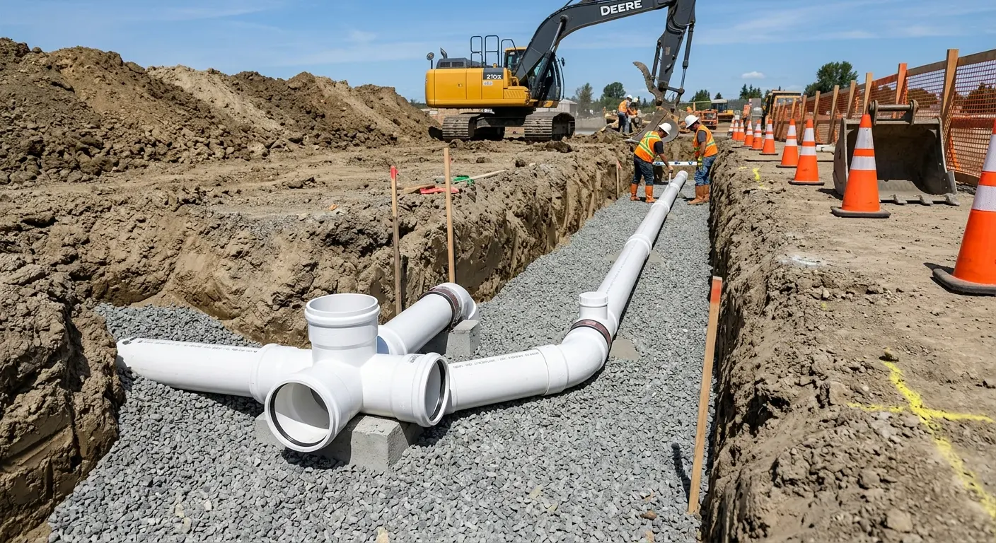 New PVC sewer pipe installation in open trench for Sewer Backup in Georges