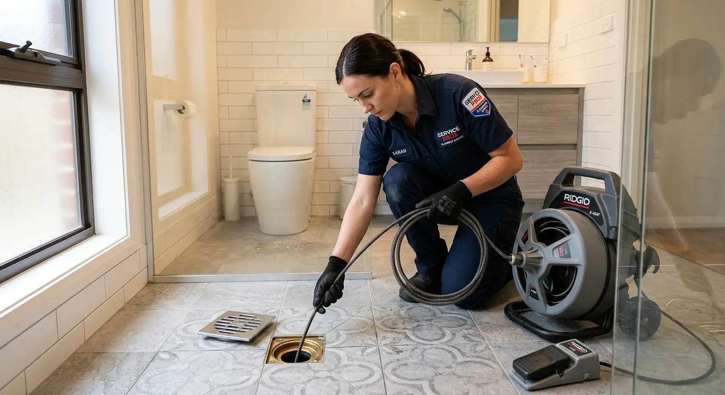 Technician clearing a bathroom floor drain for Drain Cleaning in Georges